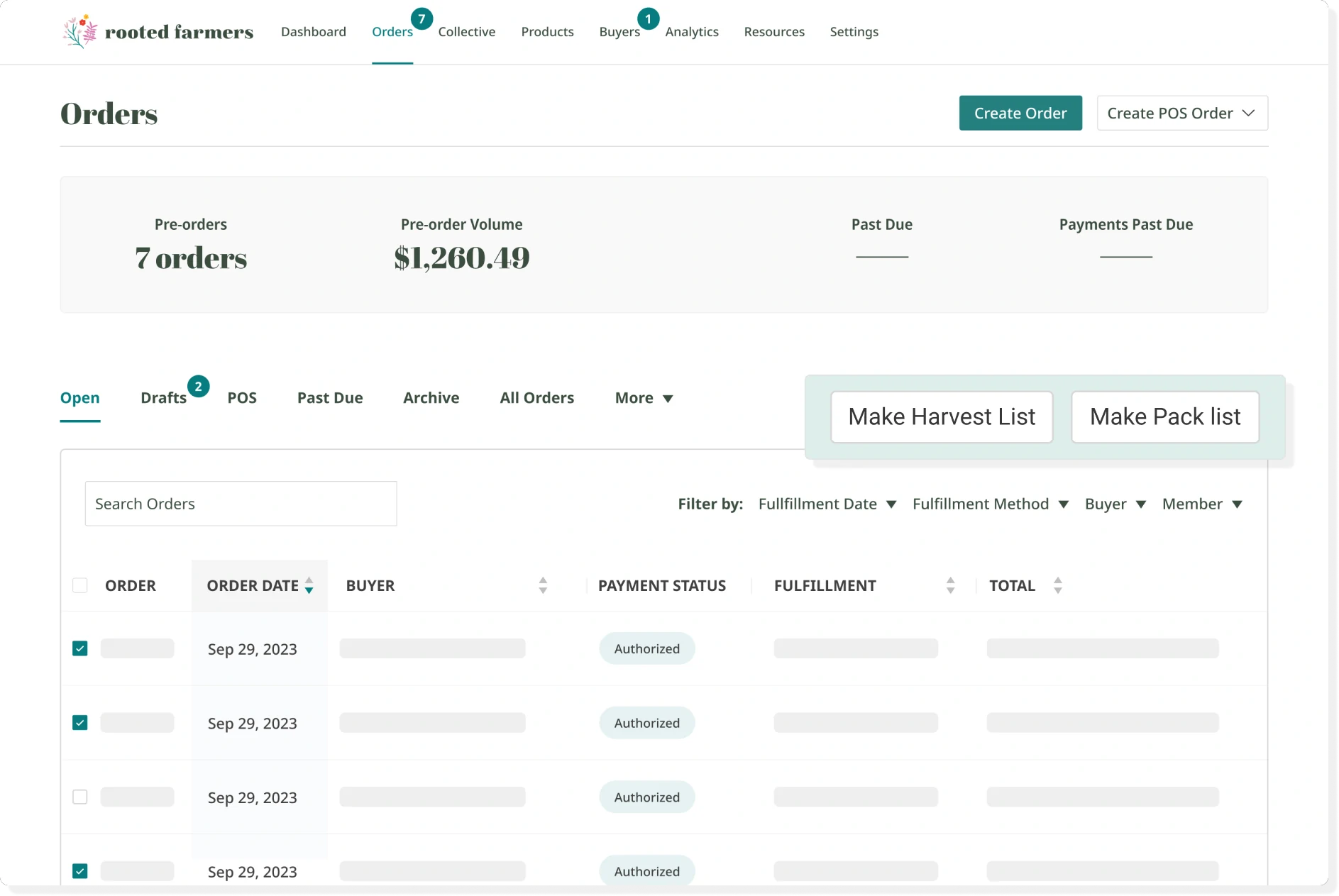 screenshot of orders overview page